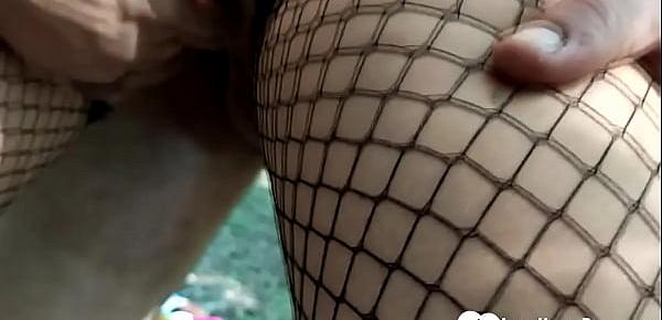  Girlfriend in fishnets gets shafted in the woods